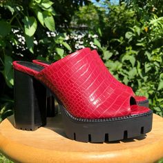 New Charles By Charles David Cherry Red Veda Snake Print Snakeskin Croc Embossed Chunky Platform Heeled Slip On Sandals Mules With Lug Soles And An Open Toe. Never Worn. No Box. Thick Block Heel. Multiple Size Available. Heel Height: 4.25” No Trades Vintage 90s Grunge Preppy Academia Streetwear Indie Academia Whimsical Red Chunky Platform Heels For Spring, Chic Mules With Red Sole, Chic Red Mules For Party, Chic Red Party Mules, Red Mules With Padded Heel For Party, Leather Chunky Platform Mules For Party, Spring High Heel Mules With Red Sole, Red Mules For Spring Party, Red High Heel Platform Mules