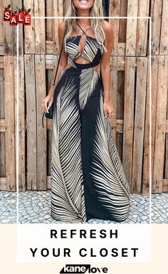 Tropical Palm Leaf Print Cutout Wide Leg Jumpsuit Summer Casual Jumpsuits And Rompers With Cutout, Summer Sleeveless Cutout Jumpsuits And Rompers, Casual Summer Jumpsuits And Rompers With Cutout, Casual Spring Jumpsuits And Rompers With Cutout, Casual Cutout Jumpsuits And Rompers For Spring, Black One-piece Jumpsuit For Vacation, Black Halter Neck Jumpsuits And Rompers For Vacation, Black Halter Neck Jumpsuit For Vacation, Chic Black Jumpsuits And Rompers For Beach Season