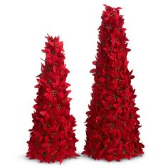 two tall red christmas trees on a white background