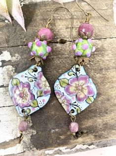 Enameled Copper Earrings, Boho Earrings, Lampwork Earrings, Artisan Made Earrings, Purple and Pink Earrings - Etsy Lampwork Earring, Enameled Copper, Earrings Purple, Homemade Jewelry, Bead Stringing, Pink Earrings, Copper Earrings, Earrings Boho, How To Make Earrings