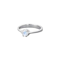 Treat yourself to luxury jewelry without the luxury price tag. Slender band shows off the many precision facets and brilliant sparkle of natural rainbow moonstone. Open-back setting for maximum color brilliance and clarity. Secure, six-prong mounting. Cast sterling silver packaged with anti-tarnish paper to maintain long-lasting shine. Silver Sterling Silver Moonstone Ring With Prong Setting, Silver Moonstone Promise Ring With Prong Setting, Silver Moonstone Birthstone Ring With Round Band, Silver Moonstone Ring With Birthstone, Silver Moonstone Birthstone Ring, Silver Moonstone Ring With Round Stone, White Gold Sterling Silver Moonstone Ring With Prong Setting, Elegant Silver Moonstone Birthstone Ring, Faceted Round Cut Silver Jewelry