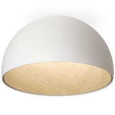 a white and wood ceiling light with dim lighting on it's side, against a white background