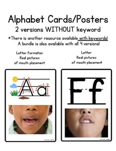 an alphabet poster with two pictures of children's faces