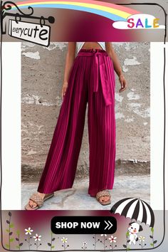 Rosy High Waisted Wide Leg Pants with Belt Pleated Wide Leg Pants For Summer, Casual Pleated Pants For Party, Trendy Pleated Wide Leg Pants For Summer, Pleated Wide-leg Pants For Summer, Pleated Trousers For Party, Summer Pleated Full-length Bottoms, Summer Full-length Pleated Bottoms, Pleated Full-length Summer Bottoms, Pleated Full Length Summer Bottoms