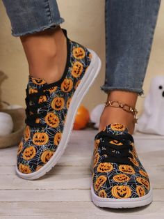 Spooktacular Comfort: Women's Halloween Pumpkin Skull Print Sneakers Fall Round Toe Sneakers, Orange Low-top Sneakers For Fall, Orange Lace-up Sneakers For Fall, Fall Orange Low-top Sneakers, Black Low-top Sneakers For Halloween, Streetwear Lace-up Sneakers With Skull Print, Streetwear Skull Print Lace-up Sneakers, Fall Casual Low-top Sneakers, Casual Low-top Sneakers For Fall