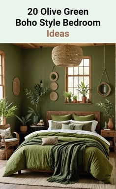 a bedroom with green bedding and plants on the wall