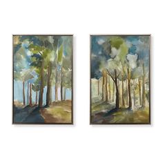 two paintings depicting trees in the woods