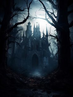 a dark castle in the woods at night