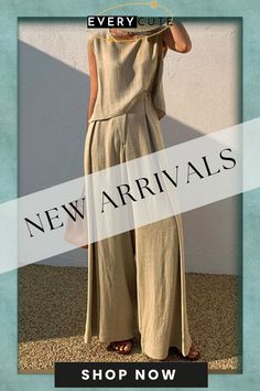 Solid Color Sleeveless Wide Leg Casual Two Pieces Suit Elegant Sleeveless Beachwear Sets, Chic Solid Color Sleeveless Set, Chic Solid Sleeveless Set, Chic Beige Sleeveless Set, Chic Sleeveless Beach Sets, Casual Sleeveless Workwear Sets, Sleeveless Sets For Spring Vacation, Casual Sleeveless Sets For Workwear, Beige Sleeveless Sets For Spring