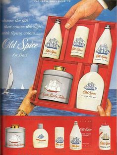 an advertisement for old spice from the 1950's, with two hands holding it