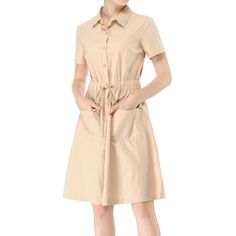 The casual, elegant look of this pretty dress will keep you looking great all the time. The short-sleeve shirt dress is cut with a relaxed silhouette and features a drawstring to cinch in the waist and plenty of practical pockets. Pair it with ankle boots or heels for a chic silhouette. Perfect for spring, summer, and autumn, and it is also suitable for any occasion. Casual Solid Shirt Dress With Short Sleeves, Casual Shirt Dress With Short Sleeves, Casual Short Sleeve Summer Dress For Work, Casual Collared Short Sleeve Dress For Spring, Casual Short Sleeve Collared Dress For Spring, Spring Casual Short Sleeve Dress With Collar, Beige Short Sleeve Dress With Pockets, Casual Short Sleeve Knee-length Dress For Daywear, Casual Short Sleeve Dress With Pockets For Spring