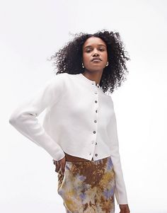 Topshop knit compact micro cardi in ivory | ASOS White Button-up Sweater For Work, White Spring Sweater With Button Cuffs, Spring White Sweater With Button Cuffs, White Sweater With Button Cuffs For Spring, White Button-up Tops For Layering, White Crew Neck Outerwear For Work, White Tops With Buttons For Layering, White Crew Neck Sweater With Button Closure, White Workwear Sweater With Buttons