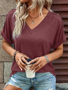 Loose Short Sleeves Buttoned Solid Color V-Neck T-Shirts Tops PURPLE-2XL T Shirts For Women Casual, Shirts For Women Casual, 2023 Clothing, Button Fashion, Style Basic, Sleeves Clothing, Loose Shorts, Solid Tops, Color Khaki