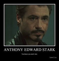 an image of a man in leather jacket with caption that reads, anthony edward stark you know you want one