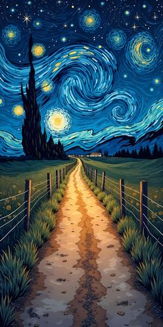 a painting of a country road with stars in the sky