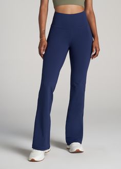 American-Tall-Women-Balance-Open-Bottom-Yoga-Pants-Midnight-Blue-front Cotton Yoga Pants For Women, Long Pants For Tall Women, Navy Yoga Pants Outfit, Navy Athleisure Yoga Pants, Navy Athleisure Pants For Yoga, Navy Stretch Yoga Bottoms, Navy Stretch Yoga Pants, Blue Straight Leg Yoga Bottoms, Navy Fitted Yoga Pants