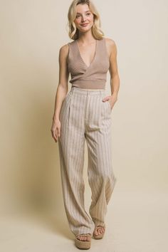 model is wearing Khaki Linen Stripe Flannel Pants  with a brown top and beige wedges Cream Pants, Flannel Pants, Pants Large, Stripes Pattern, Classic Black, Black Color, Stripes, Cream, Wardrobe