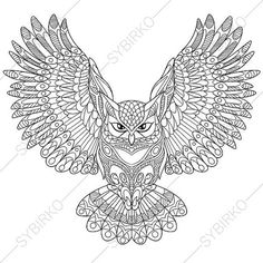 an owl with wings spread out and eyes wide open, in black and white ink