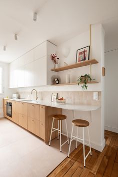 two stools are in front of the kitchen counter