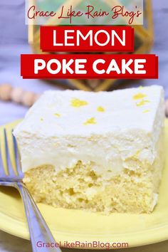 a slice of lemon poke cake on a yellow plate