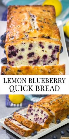 lemon blueberry quick bread on a white plate