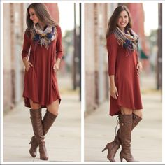 3/4 Sleeve Tunic Rust Colored Dress With Pockets! Dress Is Ready To Be Shipped. Bust S-17” M-18” L-19” Length S-38” M-39” L-40” Material 67% Polyester 28% Rayon 5% Spandex Casual 3/4 Length Fall Dresses, Casual 3/4 Length Dresses For Fall, Red Half Sleeve Dress For Fall, Red 3/4 Sleeve Dress For Fall, Casual Winter Dress With 3/4 Sleeves, Fall Dresses With Boots, Rust Colored Dress, Dresses With Boots, Rust Color Dress