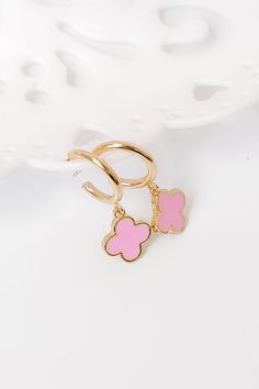 - These hoops are so cute they will have to look twice! - Gold colored metal material - .5 inch huggie hoops with dangling pink hued quatrefoil charms - Post backs Huggie Hoop Earrings, Metal Material, Gold Color, So Cute, That Look, To Look, Hoop Earrings, Charms, Pink