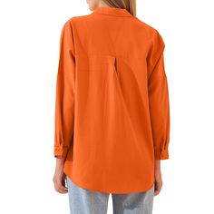 Orange Solid Cotton Button Long Sleeve Shirt Fall Solid Color Shirt With Casual Collar, Solid Color Tops With Roll-up Sleeves For Office, Fall Casual Collar Shirt In Solid Color, Solid Color Plain Button-up Shirt, Relaxed Fit Shirt With Buttons, Casual Plain Button-up Blouse, Casual Solid Color Top With Spread Collar, Solid Shirt With Casual Collar For Fall, Solid Button-up Blouse With Placket