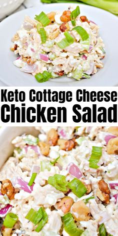 keto cottage cheese chicken salad in a white dish with celery and onions