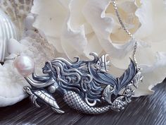 Large Sterling Silver Mermaid necklace on 18-20 inch sterling silver chain with intricate fish and turtle Silver Basket, Caged Necklace, Silver Mermaid, Mermaid Necklace, Sterling Silver Necklace Pendants, Cool Necklaces, Sterling Silver Chain, Sterling Silver Chains, Sterling Silver Necklaces