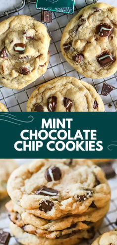 chocolate chip cookies stacked on top of each other with the words mint chocolate chip cookies above them