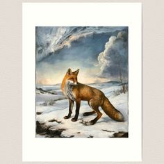 a painting of a fox standing in the snow with clouds above it by corbi