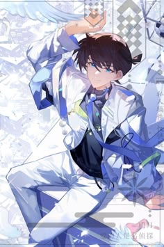 an anime character with black hair and blue eyes wearing a white suit, holding his hands up in the air