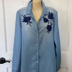 100% Tencel Denim Blue Oversized Tunic Blouse By Velvet Heart In Size Small. Longsleeve, Button Cuffs And Tab For Rolling And Shortening Sleeves. Embroidered Flowers On Both Sides In Blue, Gray And Black. So Pretty! Long Tunic Length. Wear With Leggings Or Skinny Jeans. Excellent Condition! Looks Brand New! Collared Denim Blue Blouse For Spring, Light Blue Long Sleeve Denim Top For Spring, Blue Denim Top With Button Closure And Long Sleeves, Blue Long Sleeve Denim Top With Button Closure, Denim Blue Long Sleeve Blouse With Button Closure, Blue Embroidered Button-up Blouse, Blue Floral Embroidered Button-up Blouse, Blue Embroidered Collared Blouse, Blue Denim Blouse With Button Closure