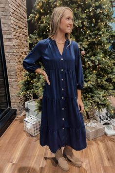 womens navy button tiered midi dress Button Front Maxi Dress, Tiered Maxi Dress, Short Leggings, Tier Skirt, Tiered Skirt, Dresses With Leggings, Skirt Pants, Feel Confident, Dress Length