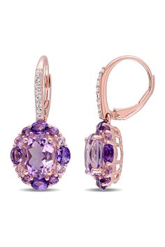 Sterling silver amethyst, white topaz, and rose de France mixed halo prong set dangle earrings. Post hinge closure. Approx. 28.9mm H x 13mm W. ImportedOrders cannot be shipped to Canada, Puerto Rico, APO, FPO or P.O. Boxes. Color Stone Earrings, Diamonds And Pearls, Halo Earrings, Leverback Earrings, Amethyst Jewelry, Color Stone, Amethyst Earrings, Affordable Jewelry, Online Earrings