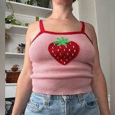 Adorable, Great Condition Never Worn Knit, With Strawberry Detail Bust 14” Length From Top Of Strap 19 “ Strap Length 6” Pink Knitted Tops For Spring, Fitted Pink Top With Strawberry Print, Pink Crochet Knit Tops, Cute Knitted Tops, Strawberry Topping, Knit Tank Top, Knit Tank, Knitted Tank Top, Knit Tanks