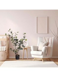 a baby's room with a crib, rocking chair and potted plant