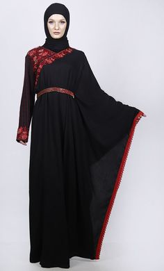 Black Semi Kaftan Embroidered Abaya With Graceful Lace On Border Traditional Black Maxi Length Thobe, Festive Black Embroidered Thobe, Black Long Kaftan With Dabka Work, Traditional Black Abaya With Resham Embroidery, Traditional Black Embroidered Thobe, Black Long Sleeve Kaftan For Eid, Festive Black Thobe With Dabka Embroidery, Traditional Black Dabka Khimar, Black Kaftan With Dabka Work For Eid