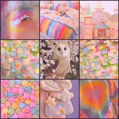 a collage of photos with different colors and shapes on them, including an owl