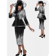 2 Pc Suit Skirt Has Zippered Back And Button Waist Is 17 Unstretched 19 Stretched. Skirt Length 31.5 Inches Jacket 22.5 Inches Armpit To Armpit Fully Lined With Decorative Button Closure On Top And Snap Closure Ladies Church Suits, Cogic Fashion, Silver Wedding Theme, Church Dresses For Women, Church Suits And Hats, Cheap Suits, Dressy Clothes, Going To Church, Women Church Suits