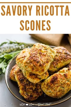 some food on a plate with the words savory ricotta scones above it