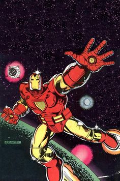 the cover to iron man comic book, featuring an image of a man flying through space