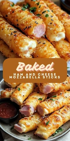 baked ham and cheese mozzarella sticks on a plate