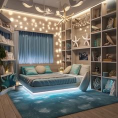 a bedroom decorated in blue and white with lots of lights on the shelves above the bed