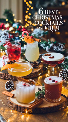 christmas cocktails on a tray with pine cones and lights in the background