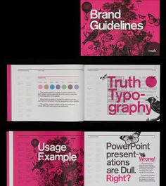 three different types of brochures are shown in pink and black, with the words'truth typo - graphy'written on them