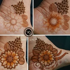 four pictures of henna designs on the hands and feet, all done in different ways