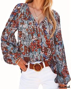 OliviaMark - Blusa de gasa con estampado floral y elegantes mangas farol de encaje Floral Print Chiffon Blouse, Lace Lanterns, Long Sleeve Loose Blouse, Floral Chiffon Blouse, Chiffon Blouses, Women Floral Blouse, Lantern Sleeved Blouses, Floral Print Chiffon, Womens Apparel