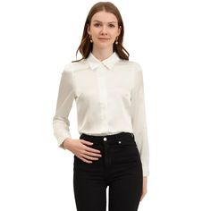 The long-sleeve fit of this shirt flatters most body types and provides enough coverage for a modest yet stylish look. The button-up front of this shirt makes it easy to wear and provides a timeless and classic look that never goes out of style. This shirt can be paired with dress pants or skirts for a formal workwear look, or dressed down with jeans or shorts for a more casual yet polished outfit. Satin Tops, Formal Workwear, Women's Office, Womens Office, Satin Shirt, Satin Top, Womens Clothing Sizes, Dressed Down, Shirt White